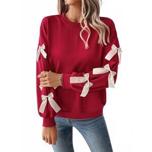 NEW DOUBLJU solid color round neck bow embellish lace pullover sweatshirt in red